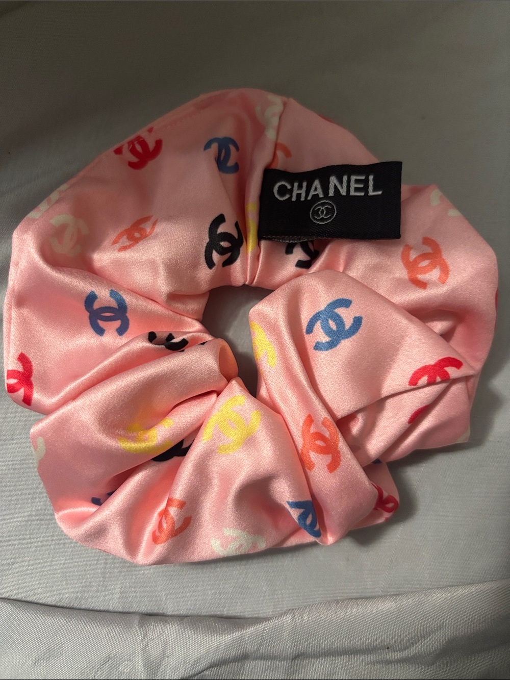 CHANEL Pink Satin Logo Multicolor Scrunchie